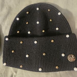 Black Beanie with Pearl and Gold Accents